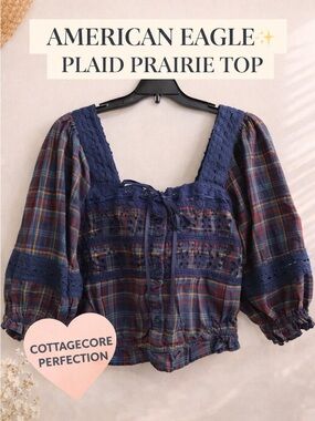 American Eagle Plaid Prairie Top M Cottagecore Puff Sleeve Lace Crop Blouse Boho